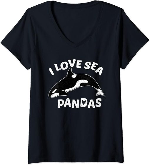 Womens I Love Sea Pandas: Funny Orca Whale Animal Lover V-Neck T-Shirt