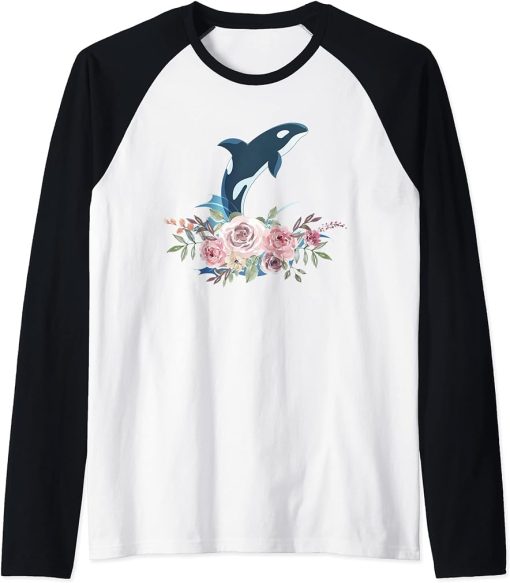 Floral Orca Sea Ocean Animal Gift Aquarist Killer Whale Raglan Baseball Tee